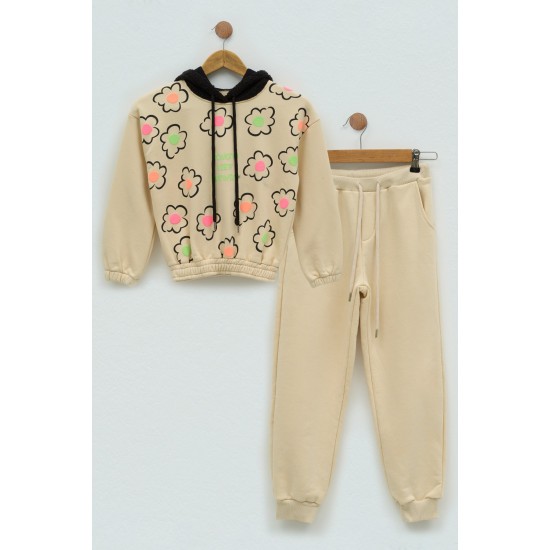 For You Kids Flower Printed Stone Hooded Sweatshirt Set