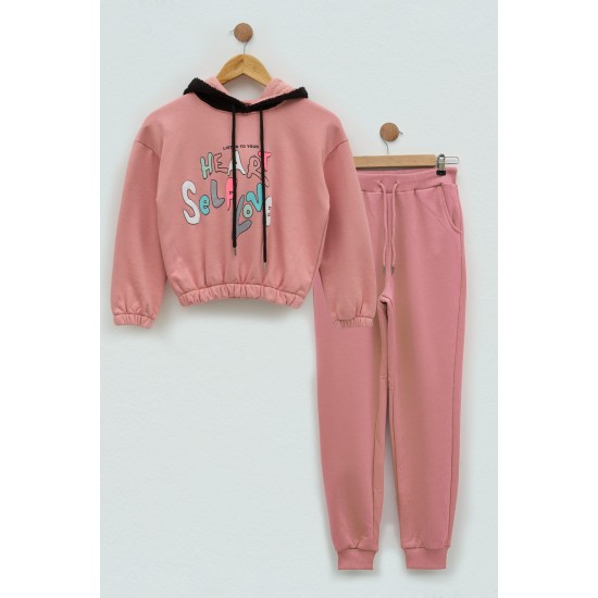 For You Kids Embossed Printed Pink Hoodie Sweatshirt Set