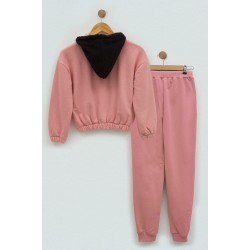 For You Kids Embossed Printed Pink Hoodie Sweatshirt Set