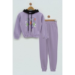 For You Kids Embossed Printed Lilac Hooded Sweatshirt Set