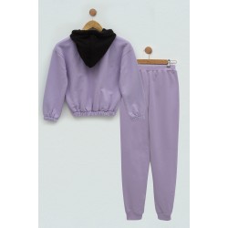 For You Kids Embossed Printed Lilac Hooded Sweatshirt Set