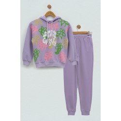 For You Kids Emoji Flower Printed Lilac Hooded Sweatshirt Set