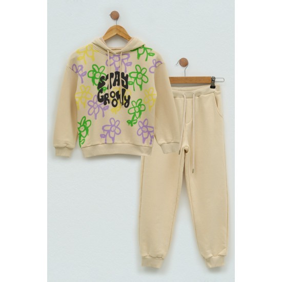 For You Kids Emoji Flower Printed Stone Hoodie Sweatshirt Set