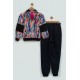 For You Kids Plush Detailed Patterned Black Hooded Sweatshirt Set