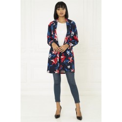 For You Moda Women's Floral Navy Blue Shawl Collar Jacket