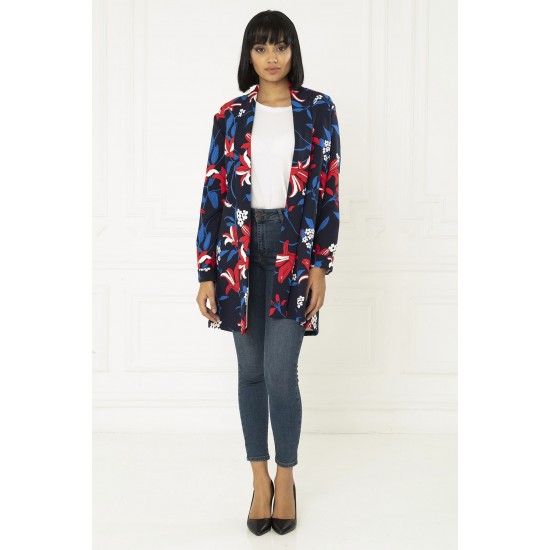 For You Moda Women's Floral Navy Blue Shawl Collar Jacket