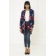 For You Moda Women's Floral Navy Blue Shawl Collar Jacket