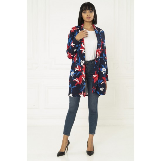 For You Moda Women's Floral Navy Blue Shawl Collar Jacket