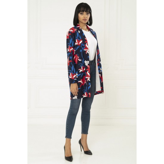 For You Moda Women's Floral Navy Blue Shawl Collar Jacket