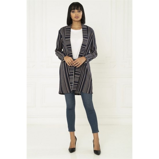 For You Fashion Women's Striped Navy Blue Shawl Collar Jacket