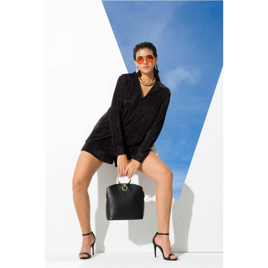 For You Woman 2 Pieces Pleated Shirt Shorts Black Set