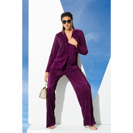 For You Woman 2 Pieces Pleated Shirt Pants Purple Suit