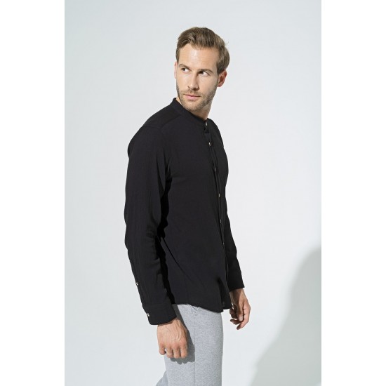 For You Man Organic Straight Collar Long Sleeve Black Shirt