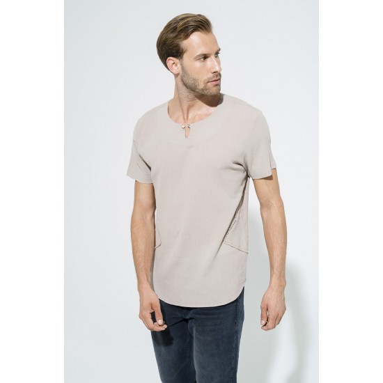 For You Man Organic Single Button Short Sleeve Stone Shirt