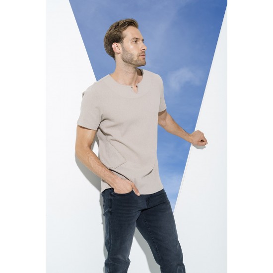 For You Man Organic Single Button Short Sleeve Stone Shirt