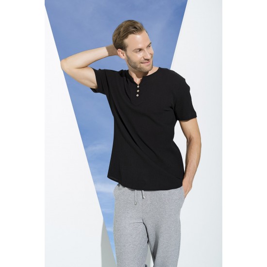 For You Man Organic 3 Button Short Sleeve Black Shirt