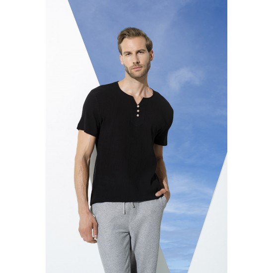 For You Man Organic 3 Button Short Sleeve Black Shirt