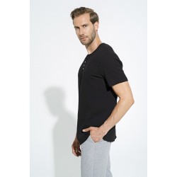 For You Man Organic 3 Button Short Sleeve Black Shirt