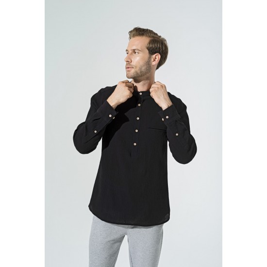 For You Man Organic Pocket Collar Long Sleeve Black Shirt