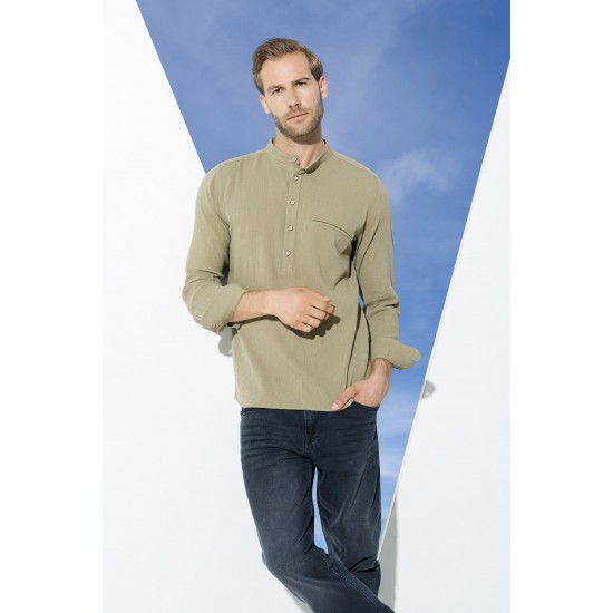 For You Man Organic Pocket Collar Long Sleeve Khaki Shirt