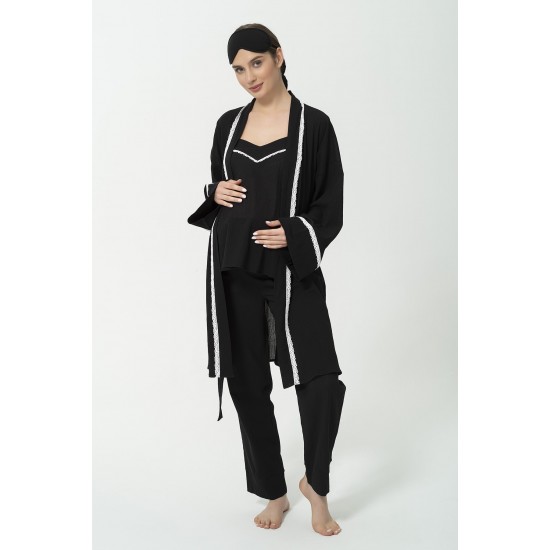 For You Mama 5-Piece Organic Black Pajama Set with Robe