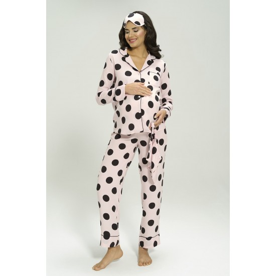 For You Mama 5-Piece Viscose Long Sleeve Black Polka Dot Pink Pajamas Set