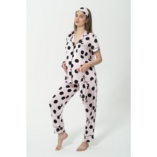 For You Mama 5-Piece Viscose Black Polka Dot Pink Pajamas Set