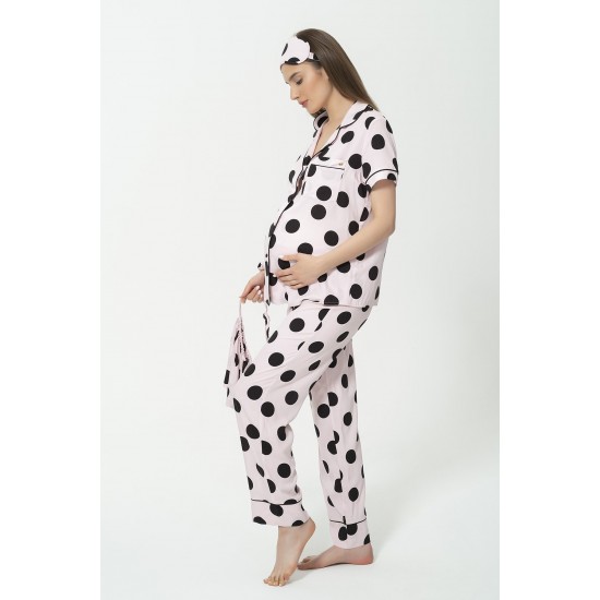 For You Mama 5-Piece Viscose Black Polka Dot Pink Pajamas Set