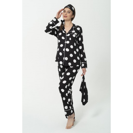 For You Mama 5 Piece Viscose White Polka Dot Black Pajama Set