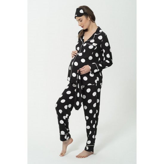 For You Mama 5 Piece Viscose White Polka Dot Black Pajama Set