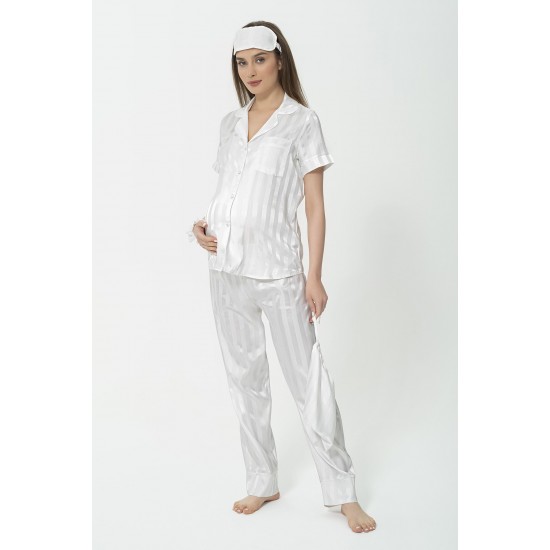 For You Mama 5 Piece Satin White Jacquard Short Sleeve Pajamas Set