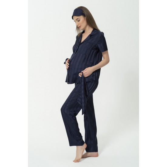 For You Mama 5 Piece Satin Navy Blue Jacquard Short Sleeve Pajamas Set