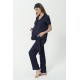 For You Mama 5 Piece Satin Navy Blue Jacquard Short Sleeve Pajamas Set