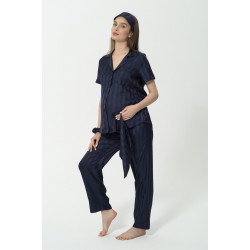 For You Mama 5 Piece Satin Navy Blue Jacquard Short Sleeve Pajamas Set