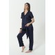 For You Mama 5 Piece Satin Navy Blue Jacquard Short Sleeve Pajamas Set