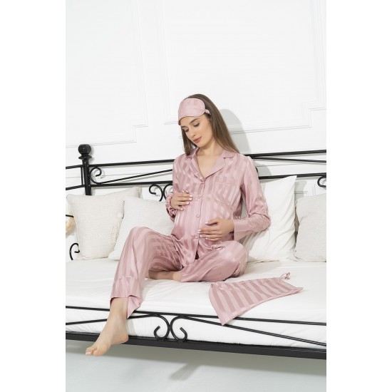 For You Mama 5 Pcs Satin Dried Rose Striped Pink Pajamas Set