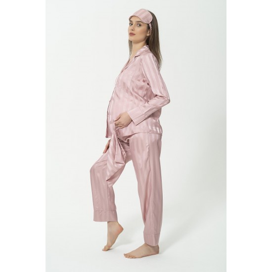 For You Mama 5 Pcs Satin Dried Rose Striped Pink Pajamas Set