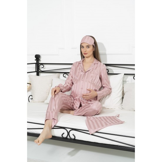 For You Mama 5 Pcs Satin Dried Rose Striped Pink Pajamas Set