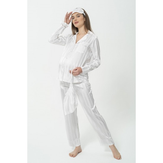 For You Mama 5 Pieces Ecru Striped White Long Sleeve Pajamas Set