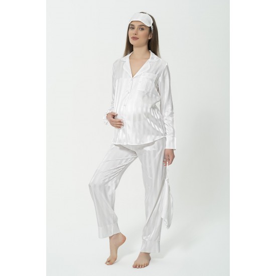 For You Mama 5 Pieces Ecru Striped White Long Sleeve Pajamas Set