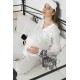 For You Mama 5 Pieces Ecru Striped White Long Sleeve Pajamas Set