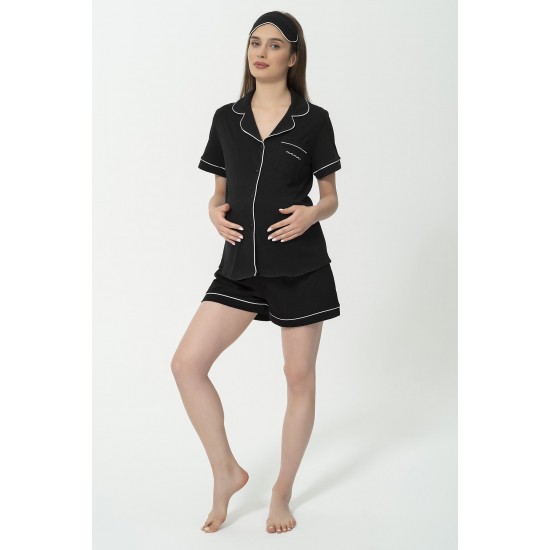 For You Mama 5 pcs Pocket Mama Embroidery Black Pajama Shorts Set