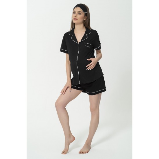 For You Mama 5 pcs Pocket Mama Embroidery Black Pajama Shorts Set