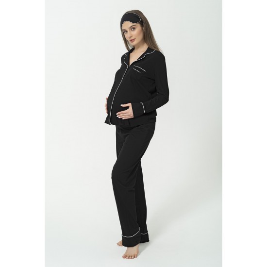 For You Mama 5 Piece Pocket Mama Embroidery Black Long Pajamas Set