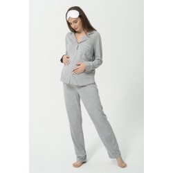 For You Mama 5 Piece Pocket Mama Embroidery Gray Long Pajamas Set