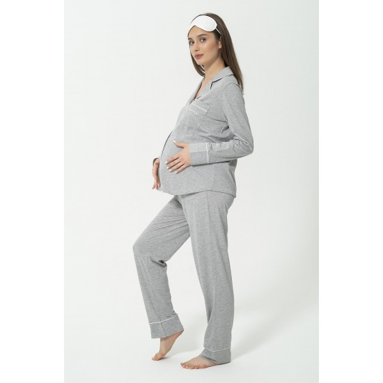 For You Mama 5 Piece Pocket Mama Embroidery Gray Long Pajamas Set