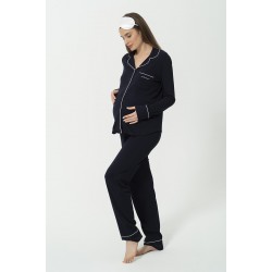 For You Mama 5 Piece Pocket Mama Embroidery Navy Blue Long Pajamas Set