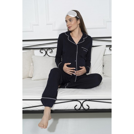 For You Mama 5 Piece Pocket Mama Embroidery Navy Blue Long Pajamas Set