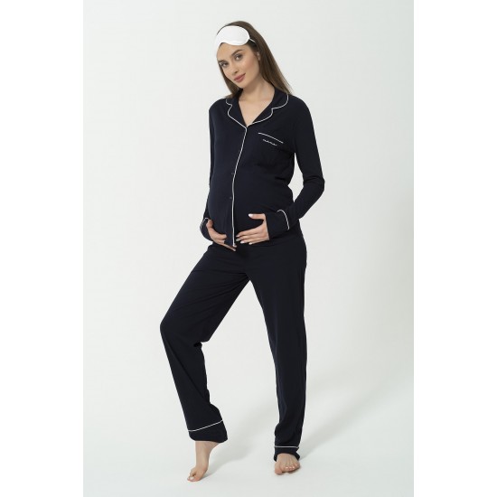 For You Mama 5 Piece Pocket Mama Embroidery Navy Blue Long Pajamas Set