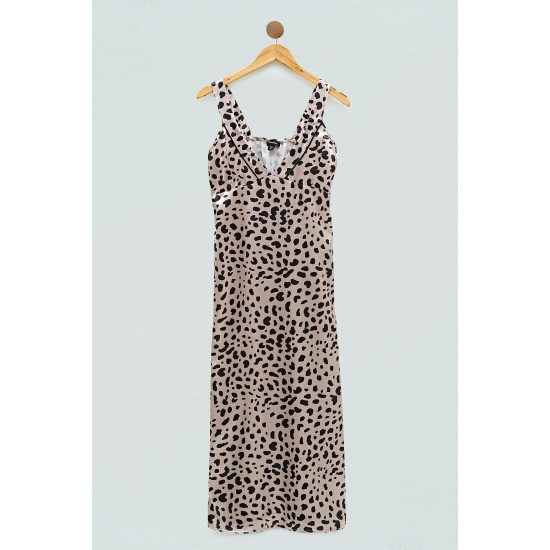 For You Sleepwear Satin Leopard Pattern Black Long Strap Nightgown